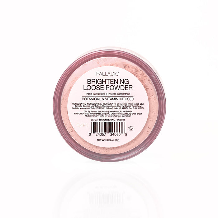 Palladio 4Ever + Ever Brightening Loose Powder with Green Tea, jar back view showing product details and barcode