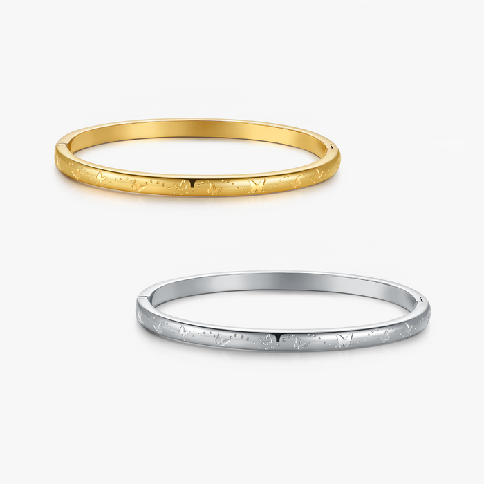 Butterfly Stacker Cuff Bangle Bracelet featuring slim, hinged design with butterfly motifs, available in gold and silver tones, water safe, hypoallergenic, and anti-tarnish.