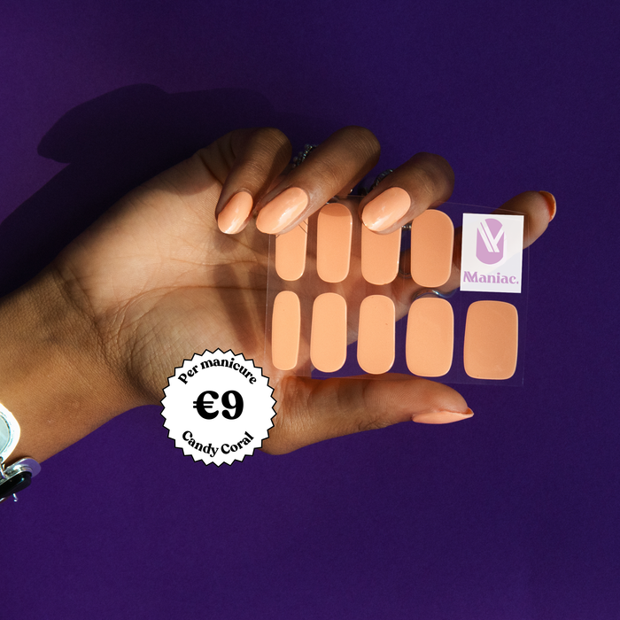 Light orange Nail gel polish stickers with 'Manicure' branding on a purple background