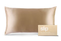 Caramel slip silk king pillowcase with branded packaging on a white background.