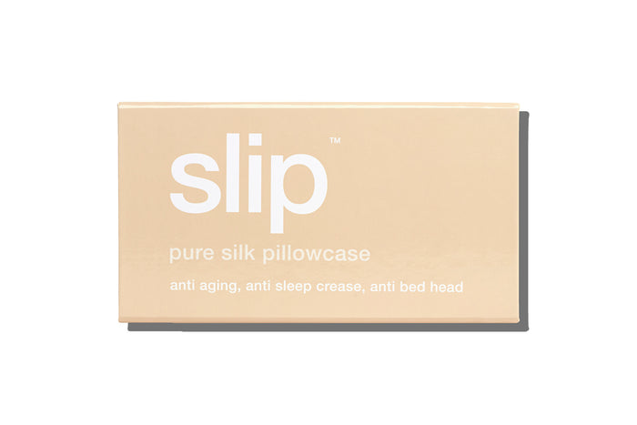 Caramel slip silk king pillowcase branded packaging on a white background.