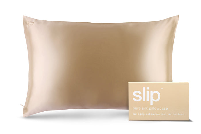 A caramel slip silk queen pillowcase with branded packaging on a white background.