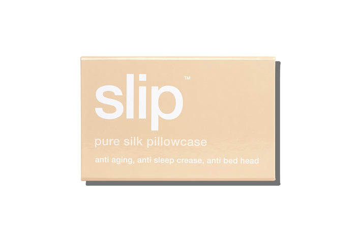A caramel slip silk queen pillowcase branded box on a white background.
