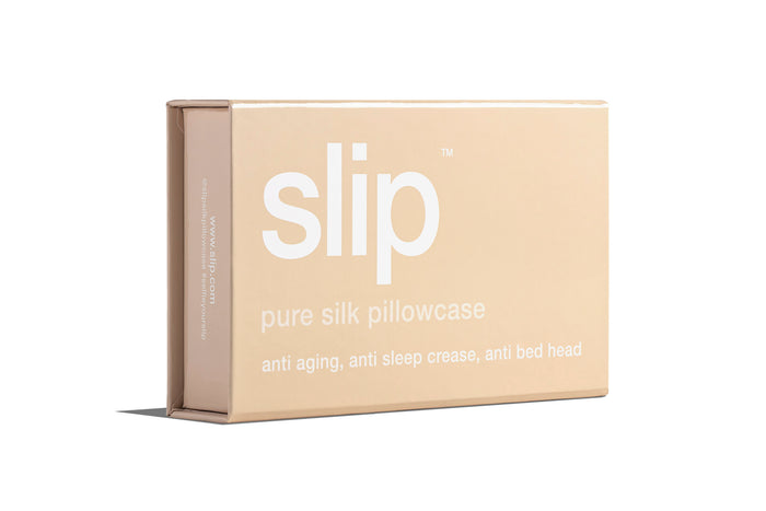 A caramel slip silk queen pillowcase branded box on a white background.