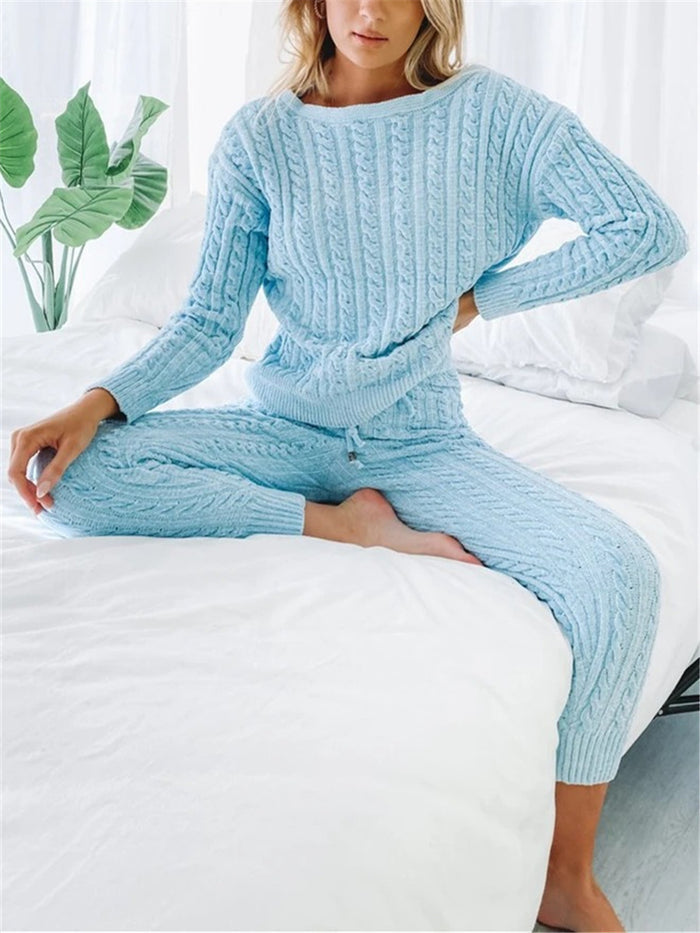 Casual Loose Round Neck Long Sleeve Top Pants Knitted Suit