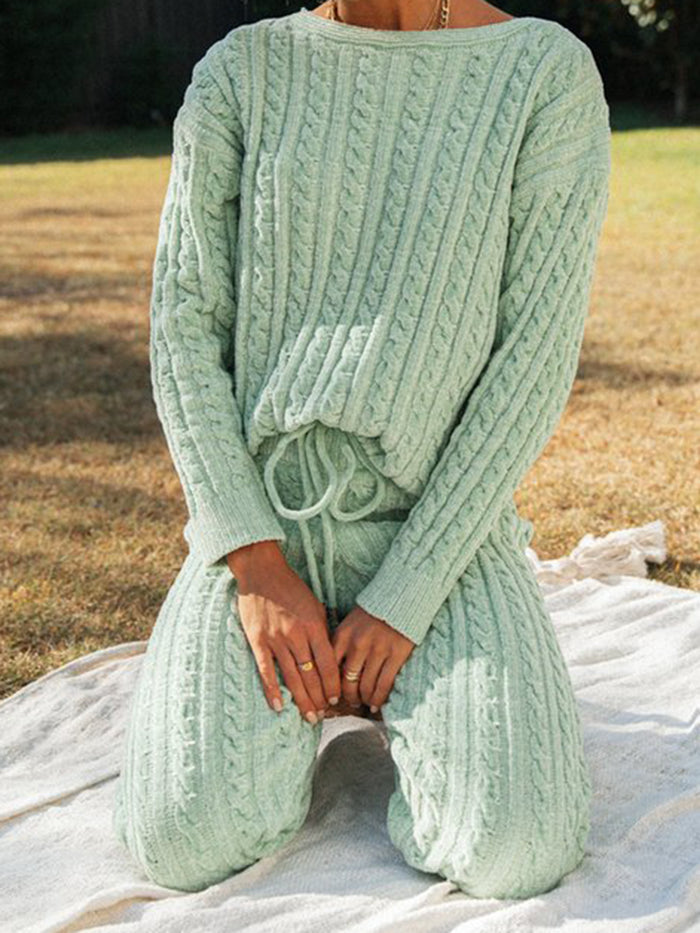 Casual Loose Round Neck Long Sleeve Top Pants Knitted Suit