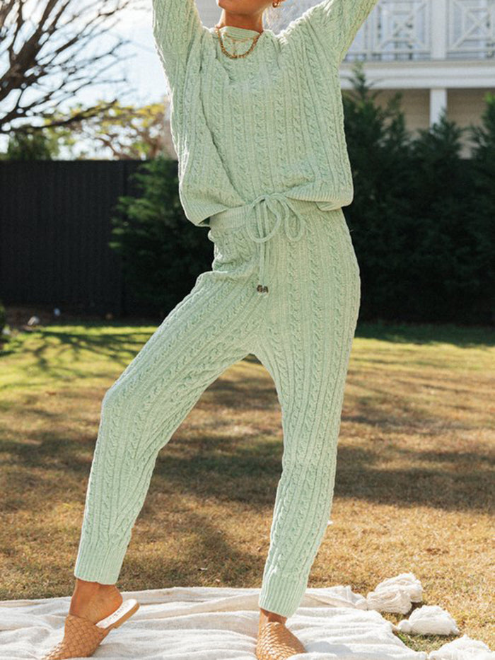 Casual Loose Round Neck Long Sleeve Top Pants Knitted Suit
