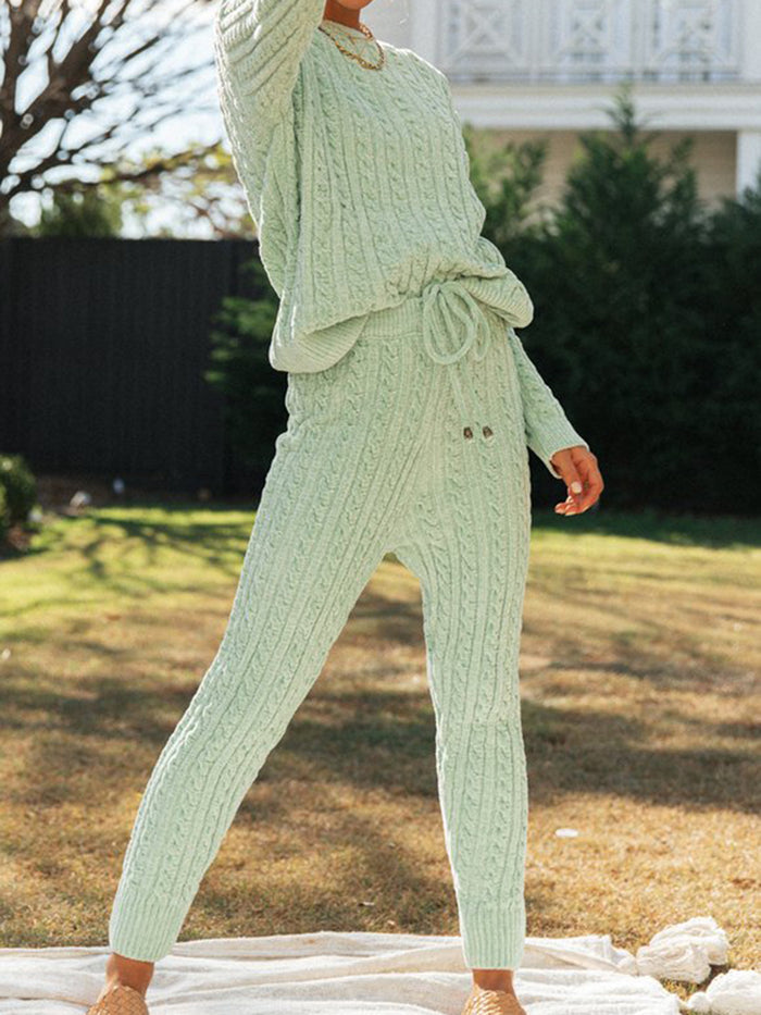 Casual Loose Round Neck Long Sleeve Top Pants Knitted Suit