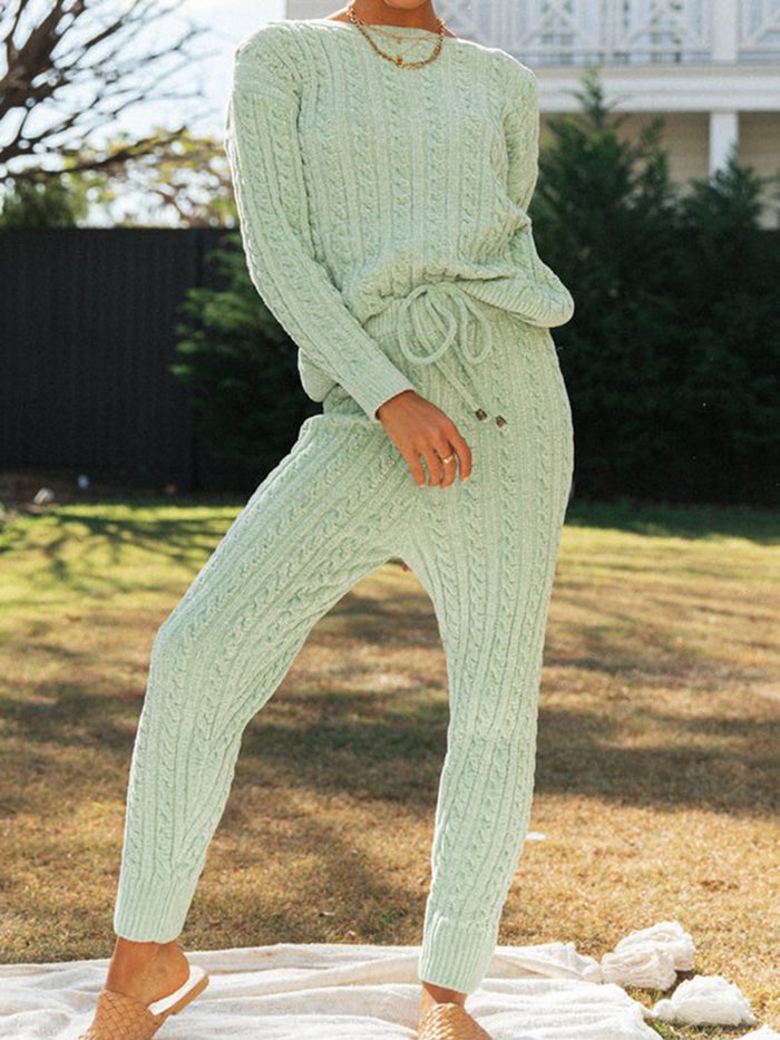 Casual Loose Round Neck Long Sleeve Top Pants Knitted Suit