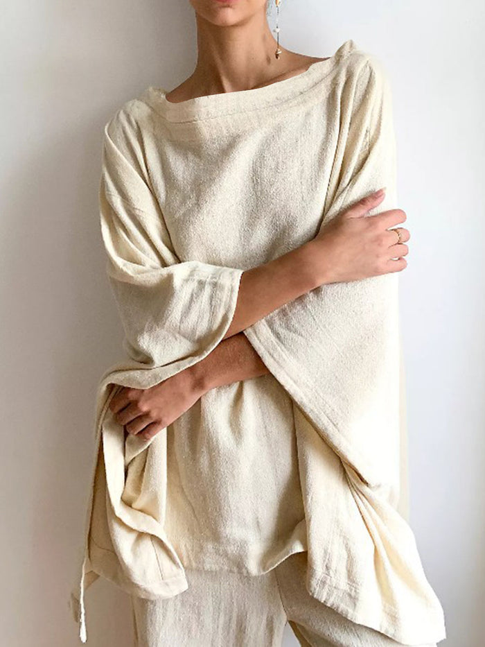 Casual Loose Solid Color Cotton Linen Two Piece Set