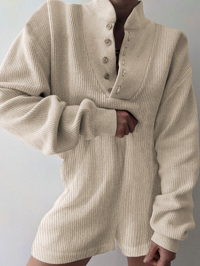 Casual Loose Solid Color Lapel Long Sleeve Jumpsuit