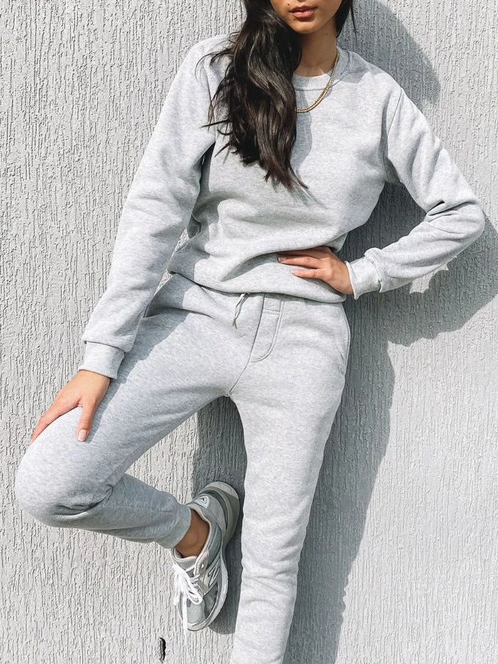 Casual Loose Solid Color Round Neck Two-piece Suit
