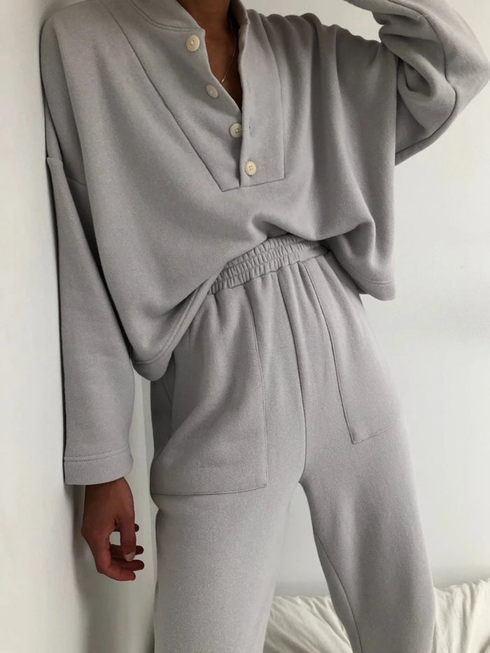 Casual Loose Solid Color Stand Collar Long Sleeve Two-piece Suit