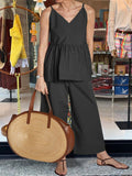 Casual Loose Solid Color Strap V-neck Two-piece Suit