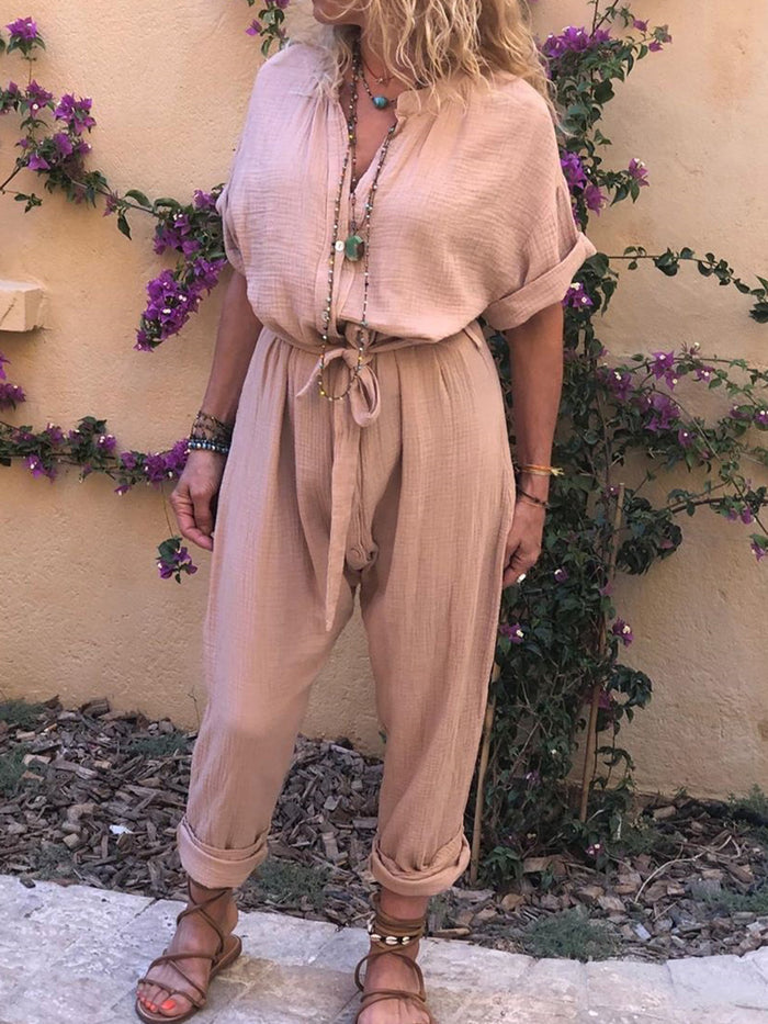 Casual Loose Solid Color V-neck Jumpsuit
