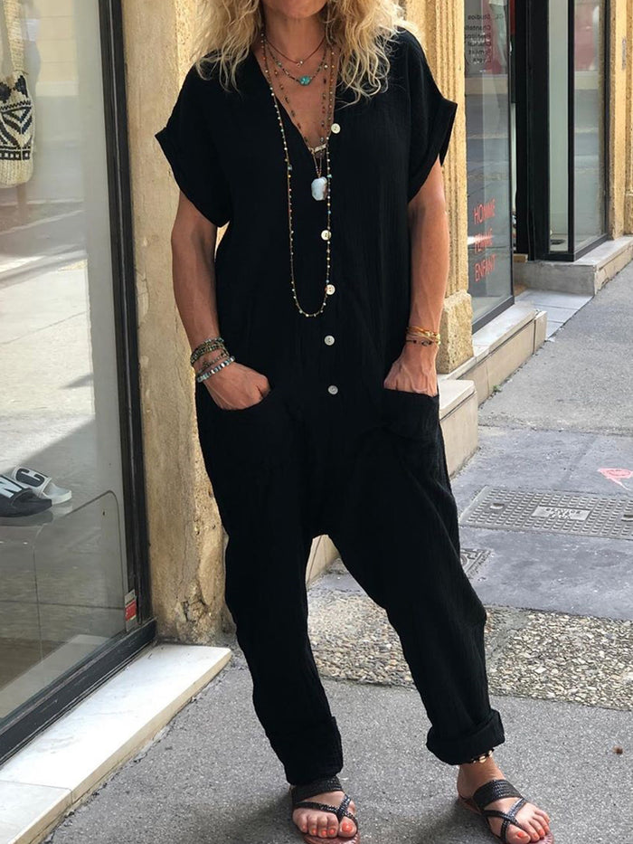Casual Loose Solid Color V-neck Jumpsuit