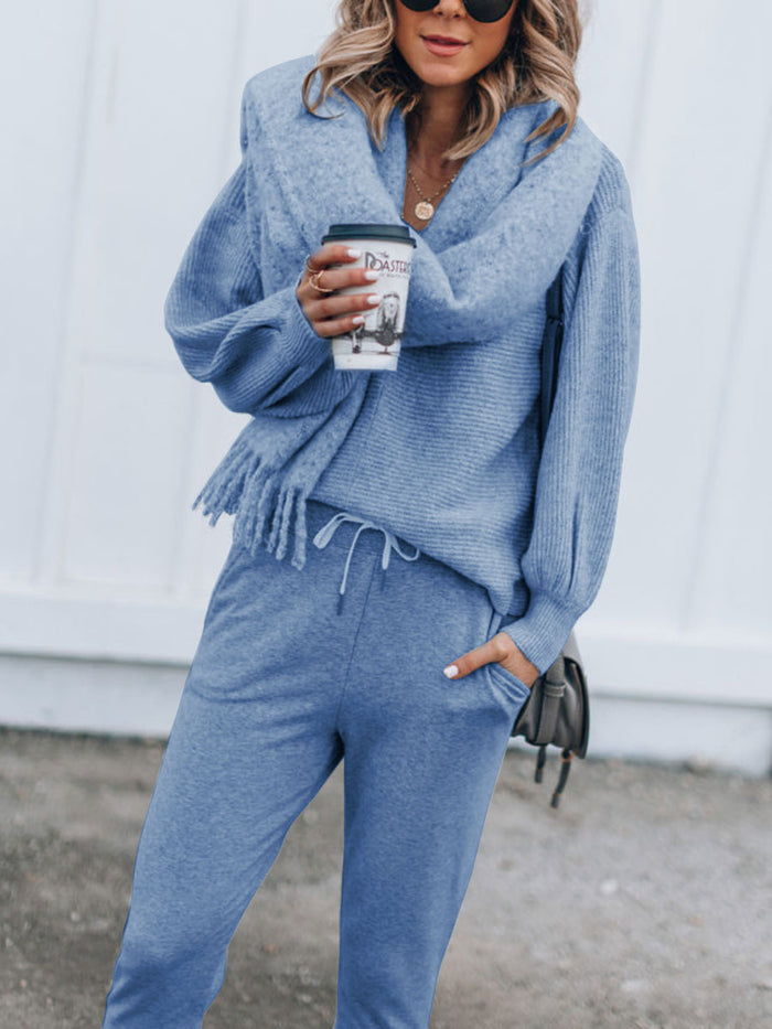 Casual Loose V Neck Blouse Pants Knit Suit