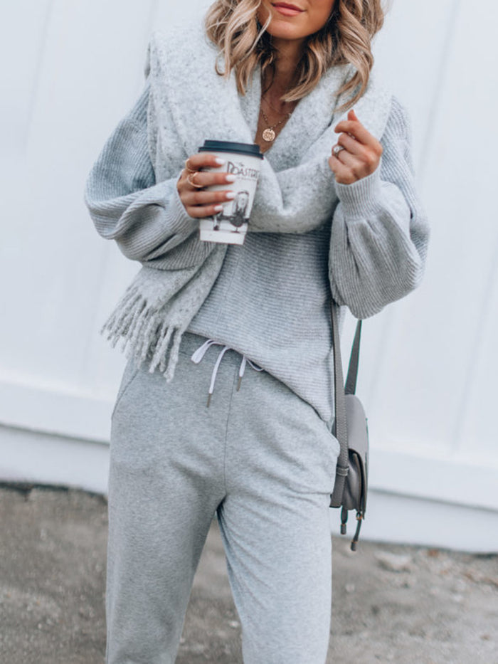 Casual Loose V Neck Blouse Pants Knit Suit