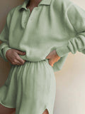 Casual Loose V-neck Solid Color Lapel Two-piece Suit