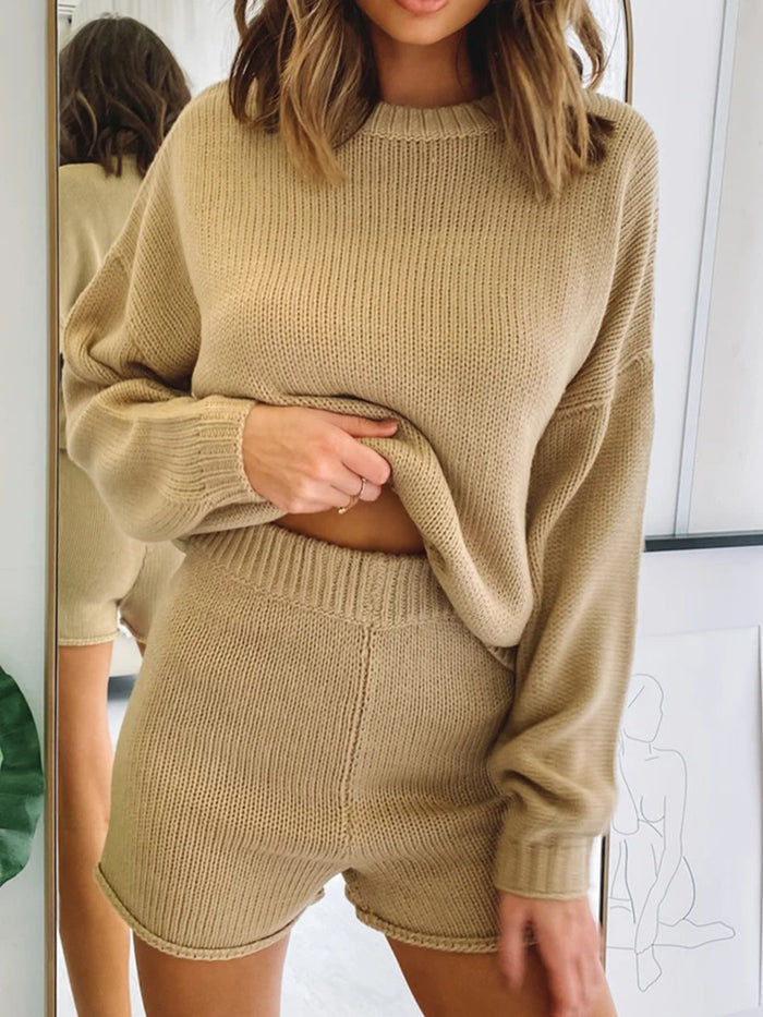 Casual Solid Color Long Sleeve Round Neck Two-piece Suit