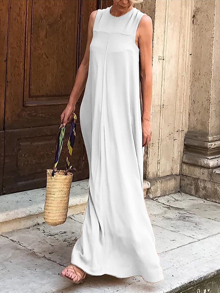 Casual Solid Color Sleeveless Round Neck Dress