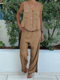 Casual Solid Color Sleeveless V-neck Two-piece Suit