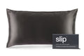 A charcoal slip silk king pillowcase with branded packaging on a white background.