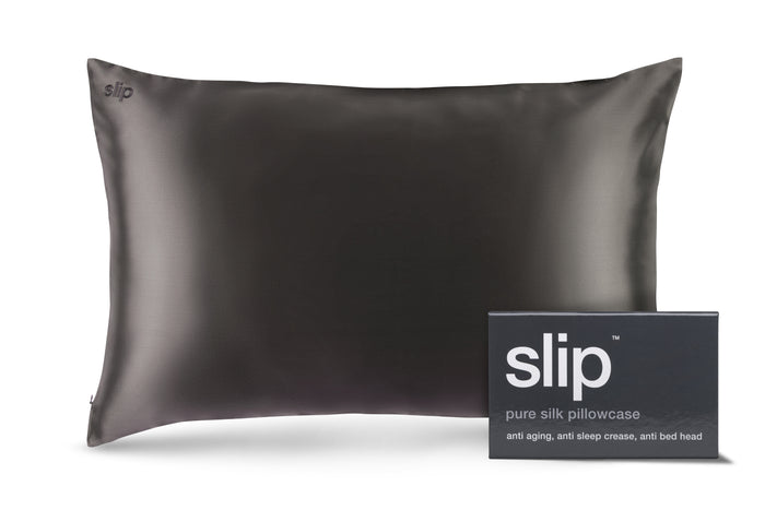 A charcoal slip silk queen pillowcase with branded packaging on a white background.