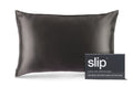A charcoal slip silk queen pillowcase with branded packaging on a white background.