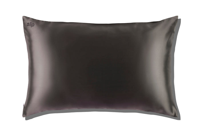 A charcoal slip silk queen pillowcase on a white background.