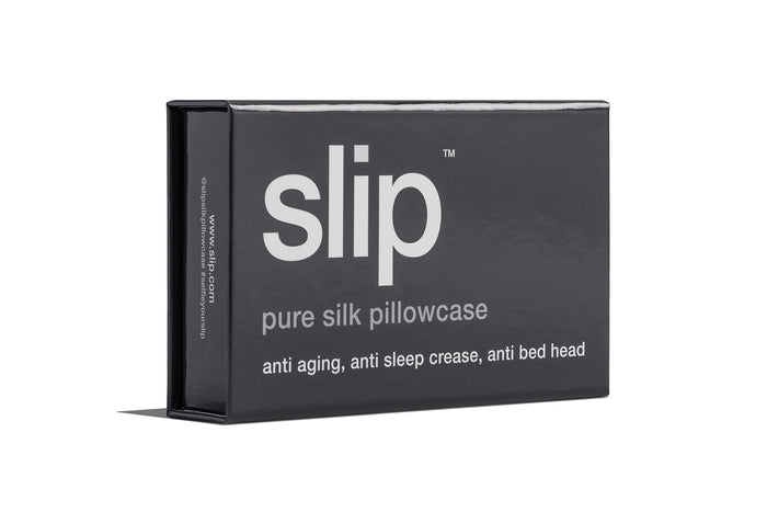 Charcoal slip silk queen pillowcase branded packaging on a white background.