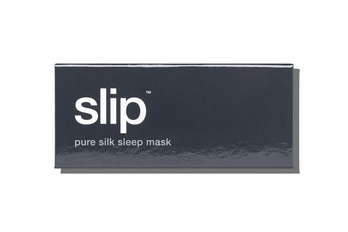 A charcoal slip silk sleep mask branded box on a white background.
