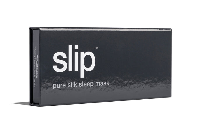 A charcoal slip silk sleep mask branded box on a white background.