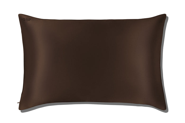 A dark chocolate brown silk pillowcase,  shown from a top-down perspective on a white background with a soft drop shadow.