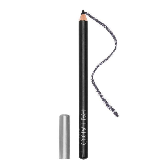 Eyeliner pencil with black casing and silver cap, showing a line of color on a white background. Brand 'Palladio' visible.