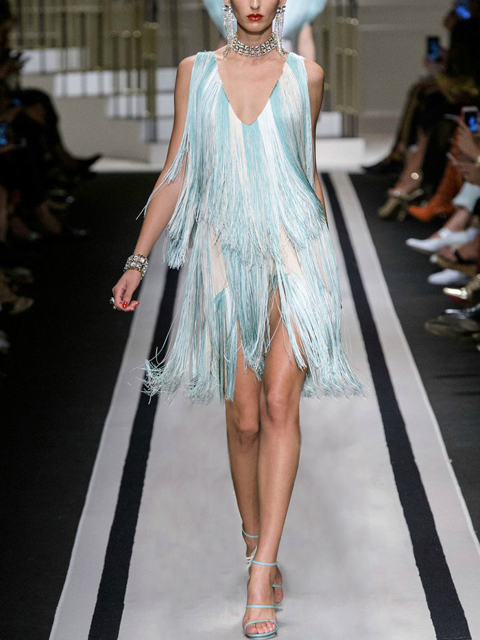 Deep V Gradient Fringe Evening Dress