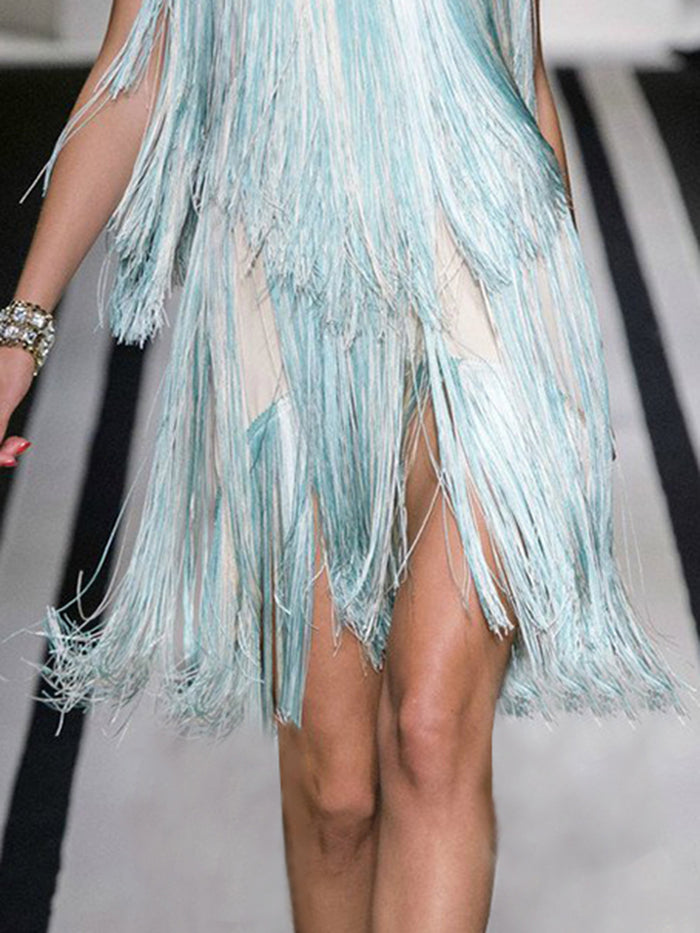 Deep V Gradient Fringe Evening Dress