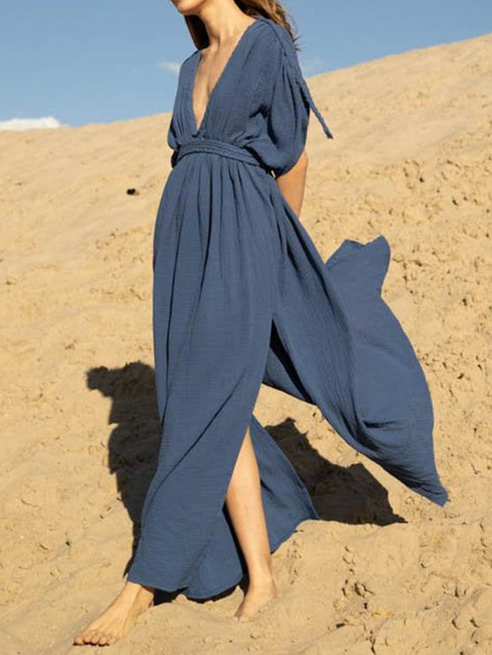 Deep V Neck High Fork Twist Casual Dress