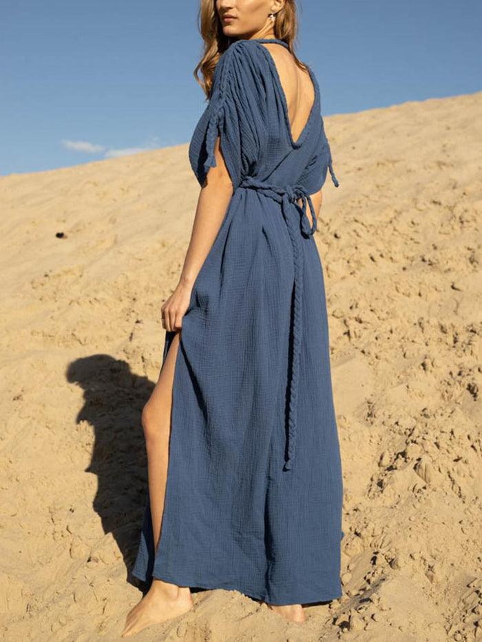 Deep V Neck High Fork Twist Casual Dress