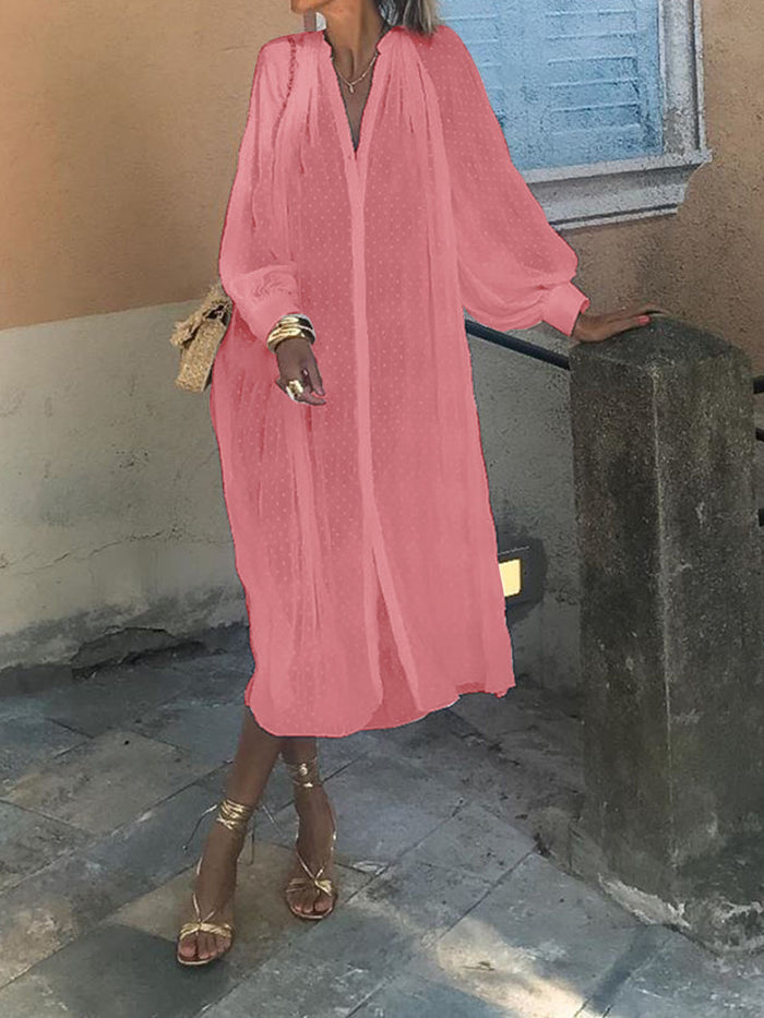 Deep V-neck Lantern Sleeve Polka Dot Loose Casual Dress