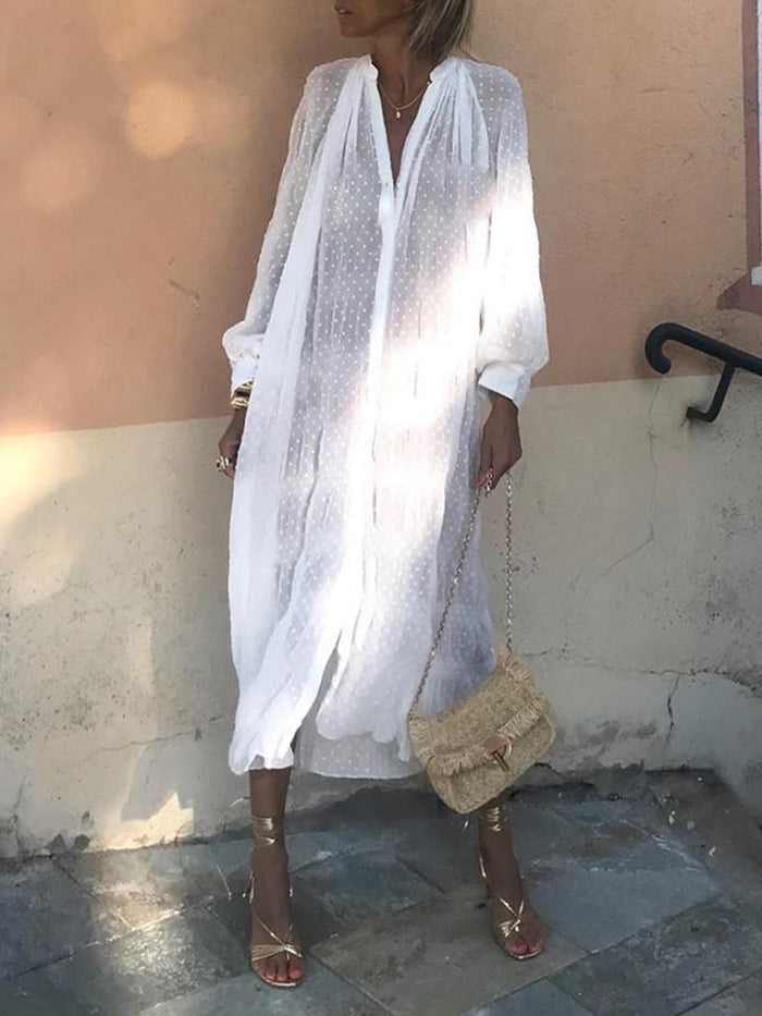 Deep V-neck Lantern Sleeve Polka Dot Loose Casual Dress