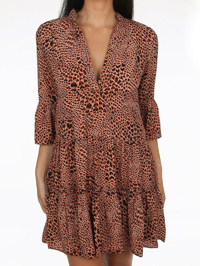Deep V-neck Mid-sleeved High Waist Printed Midi Dress