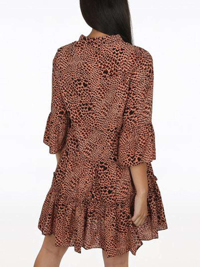 Deep V-neck Mid-sleeved High Waist Printed Midi Dress