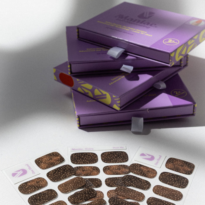 Deer Me gel nail sticker sheets by Maniac Nails, brown speckled nail wraps and packaging