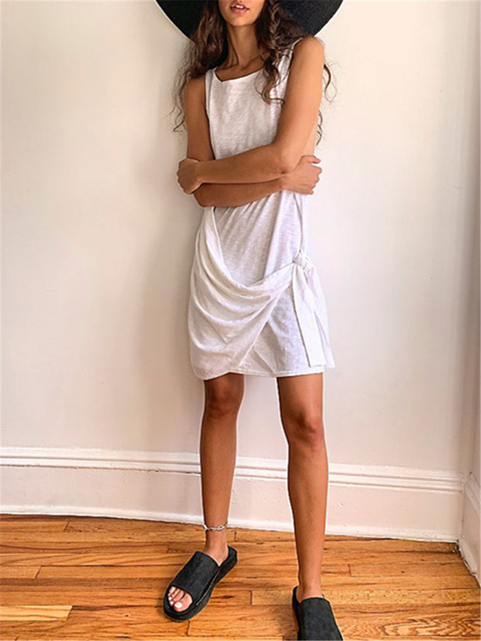 Design Sleeveless Slim Pleated Round Neck Casual Dress
