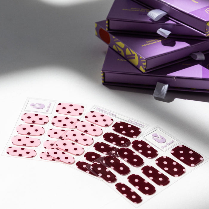 Dot About It gel nail sticker sheets by Maniac Nails, pink and bordeaux polka dot nail wraps and packaging