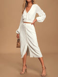 Elegant V Neck Long Sleeve Top Skirt Suit