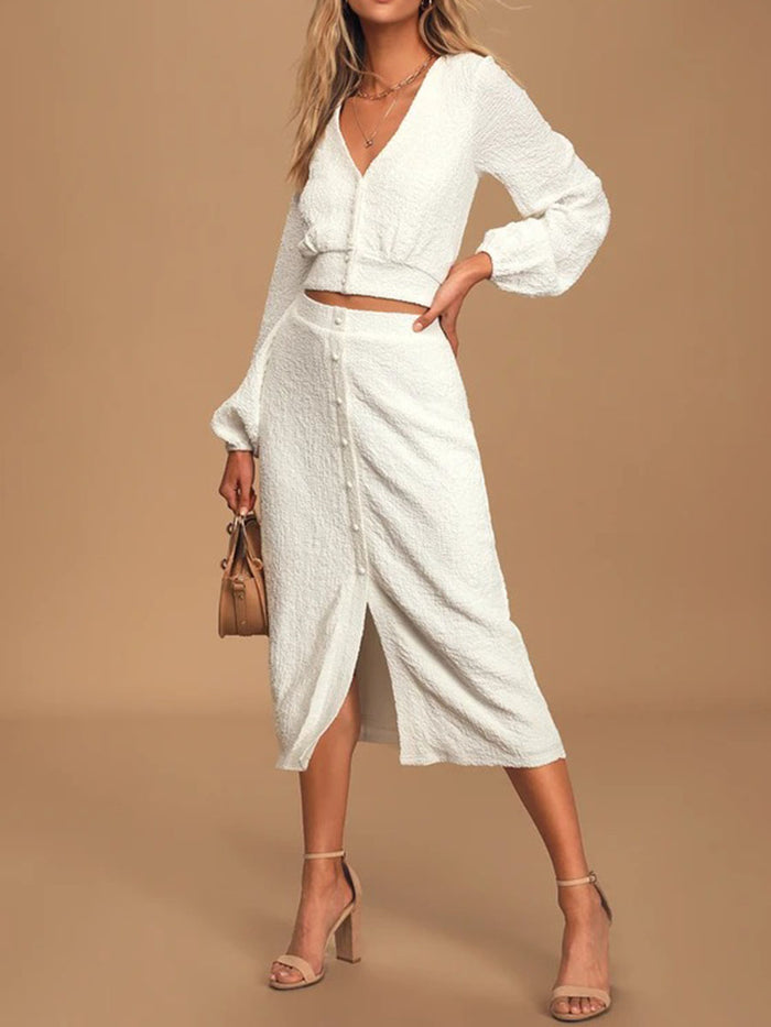 Elegant V Neck Long Sleeve Top Skirt Suit