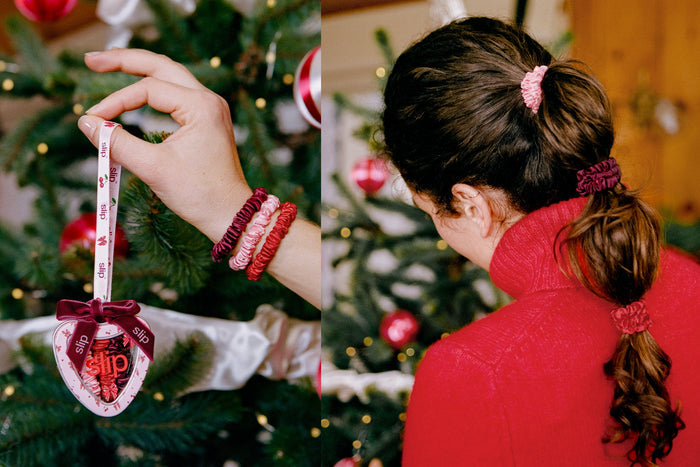 A split-screen lifestyle image showing three silk scrunchie hair ties in use. The left panel shows a hand holding a heart-shaped Christmas ornament with scrunchies inside.