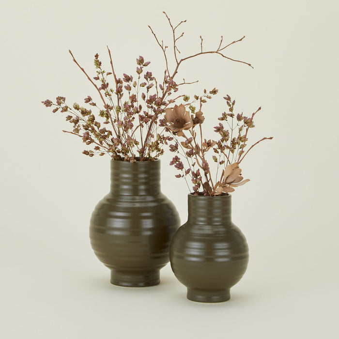 Essential Ceramic Vase in Olive in Small and Large sizes with flowers.